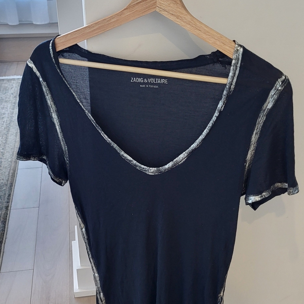 Zadig & Voltaire Black and Silver Short Sleeve Top